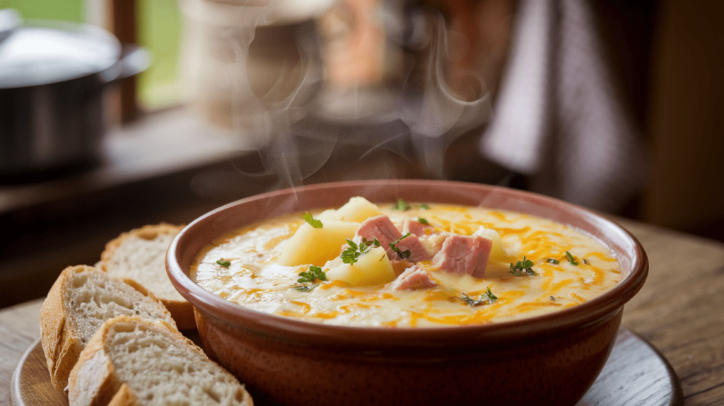 A steaming bowl of cheesy ham and potato soup garnished with parsley and served with a slice of crusty bread.