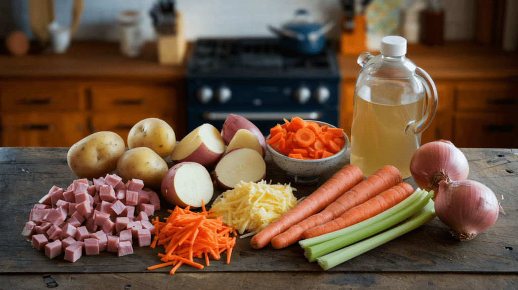 A flat lay of key ingredients for cheesy ham and potato soup, including diced ham, potatoes, shredded cheese, and vegetables.