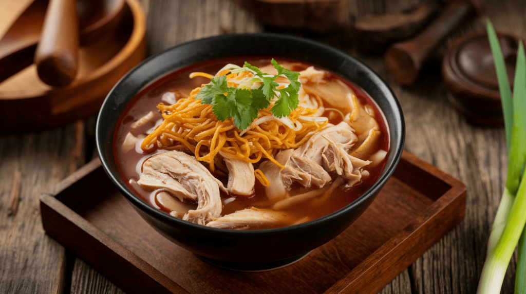 A hearty bowl of Chicken Manchow Soup with shredded chicken and crispy noodles.