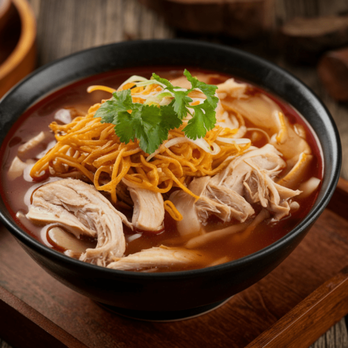 A hearty bowl of Chicken Manchow Soup with shredded chicken and crispy noodles.