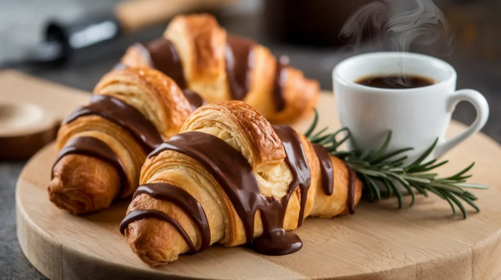 Chocolate croissants made with puff pastry, served on a rustic wooden board.