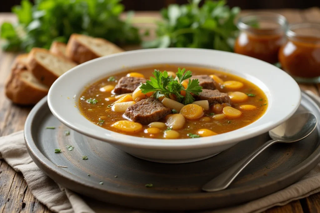 A bowl of rich beef bone broth garnished with parsley and served with crusty bread.