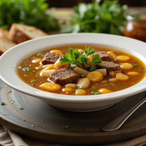 A bowl of rich beef bone broth garnished with parsley and served with crusty bread.