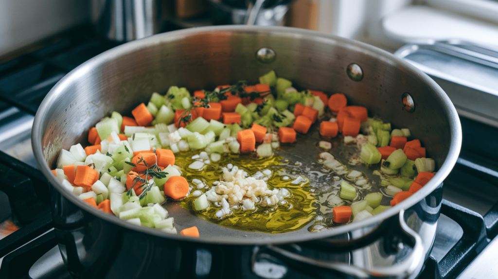 A pot with sautéed vegetables, garlic, and herbs simmering to form a gluten-free chicken noodle soup base.