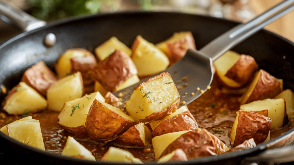 Cubed potatoes cooking in a skillet until golden and crispy.