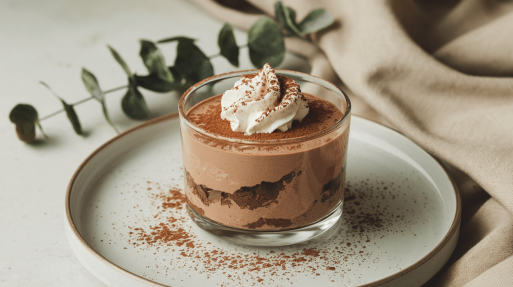 A light and airy chocolate mousse made with cottage cheese, served in a glass cup with a sprinkle of cocoa powder and a dollop of whipped cream.