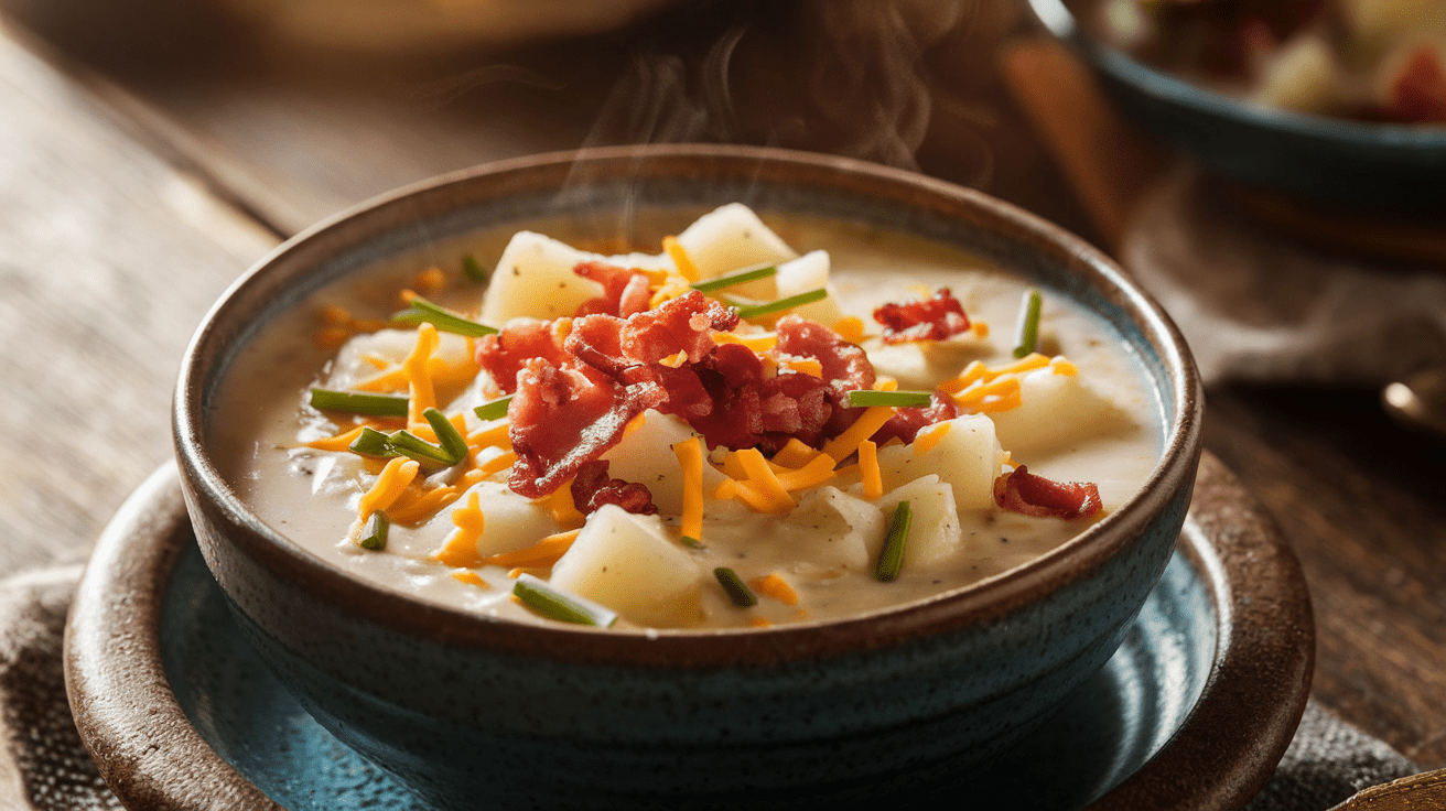 A steaming bowl of diced hashbrown loaded potato soup topped with crispy bacon bits, shredded cheese, and fresh chives.