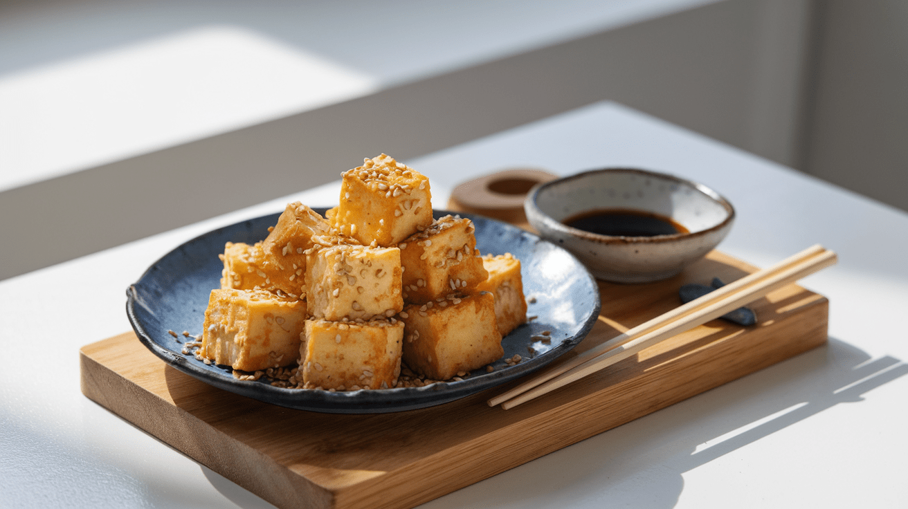 A plate of crispy fried tofu cubes garnished with sesame seeds and served with dipping sauce.