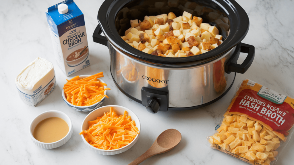 Ingredients for potato soup, including frozen hash browns, cream cheese, chicken broth, and shredded cheese, placed around a crockpot.