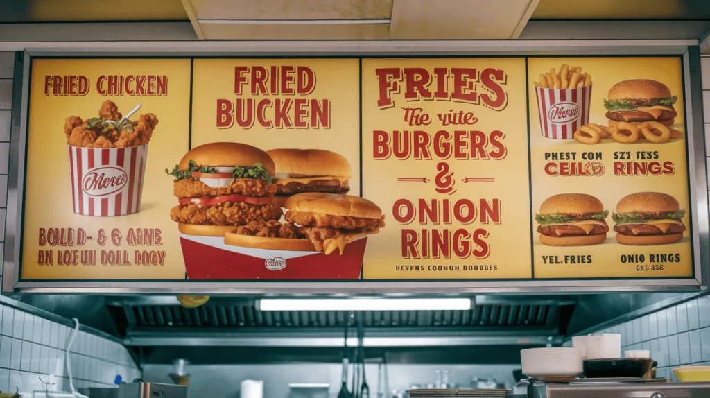 A Crown Fried Chicken menu board showcasing fried chicken, burgers, and sides like fries and coleslaw.
