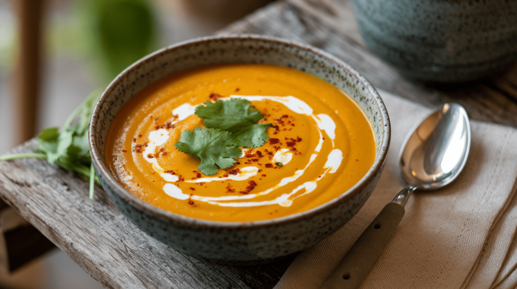 A steaming bowl of curry butternut squash soup garnished with herbs and coconut cream swirls, placed on a rustic wooden table.