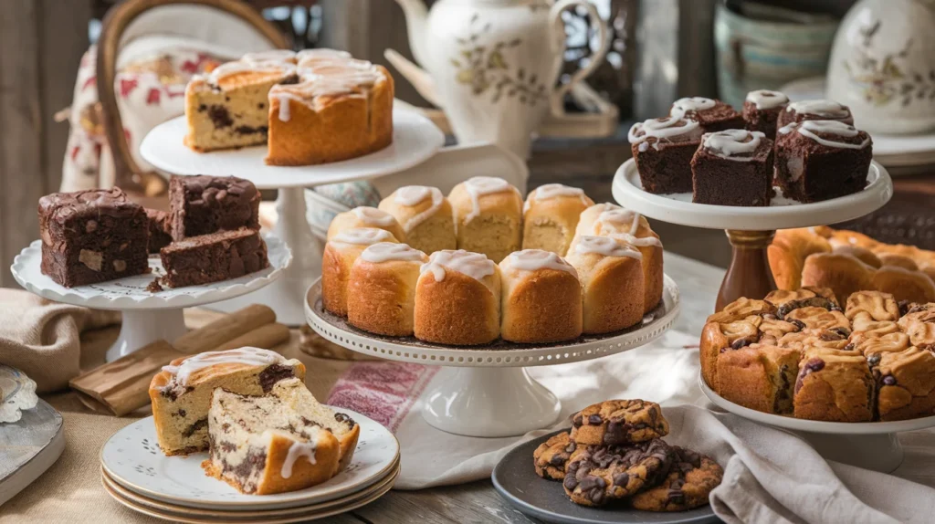 A beautifully styled assortment of sourdough desserts, including cinnamon rolls, brownies, banana bread, and coffee cake on a rustic wooden table.