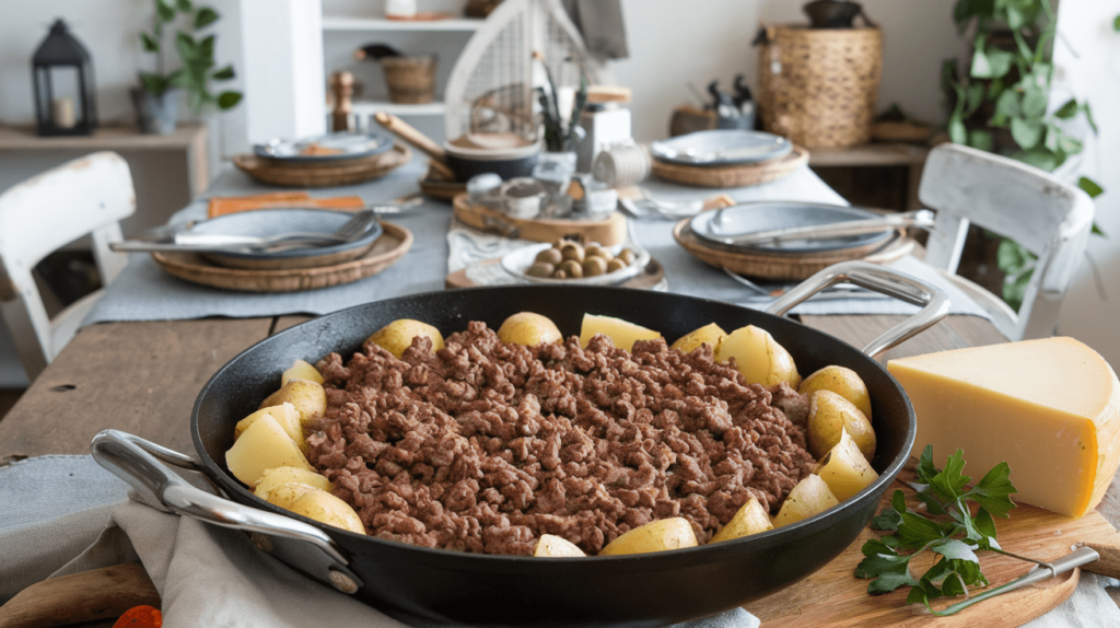 A skillet of ground beef and potatoes garnished with chopped parsley and grated cheese, ready to serve.