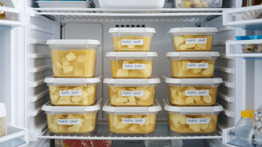 Containers of potato soup labeled and stacked in a freezer.