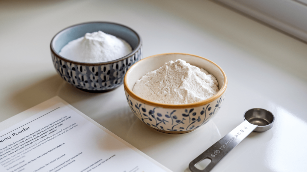 Fresh baking soda and baking powder in small bowls, with a measuring spoon and a recipe card nearby.