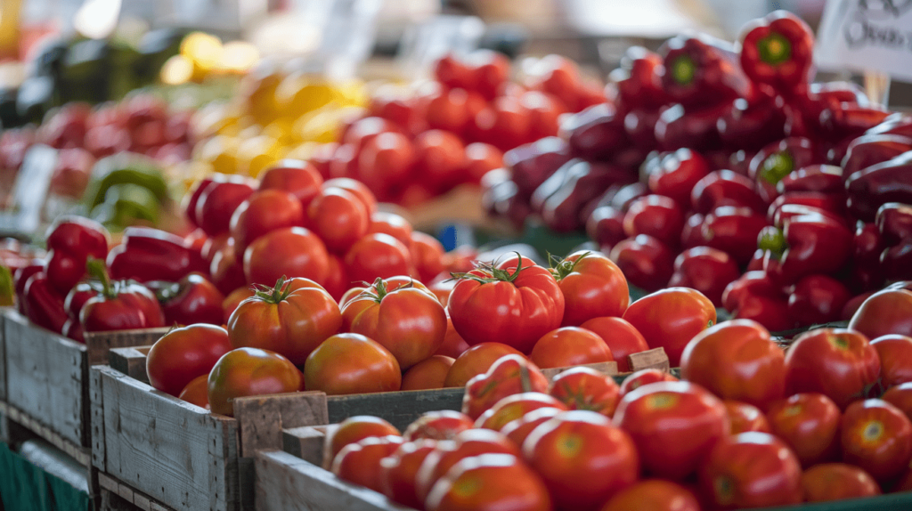 Fresh ripe tomatoes and red bell peppers displayed at a farmer's market.