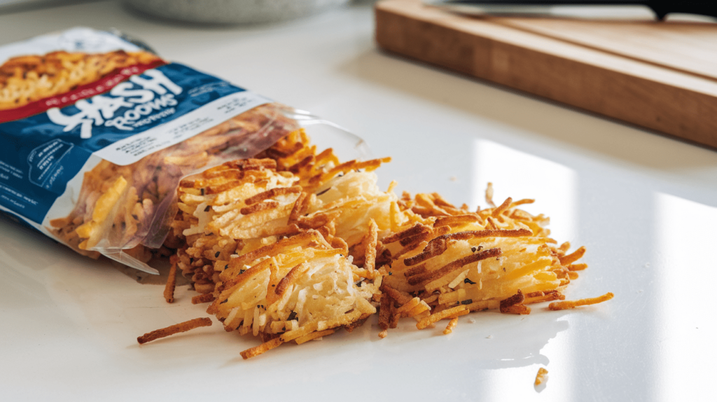 A package of frozen hash browns spilling out onto a kitchen counter.