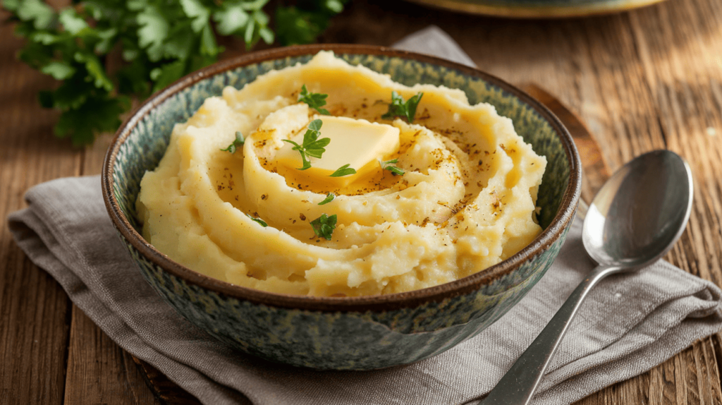 A bowl of creamy garlic parmesan mashed potatoes garnished with fresh parsley