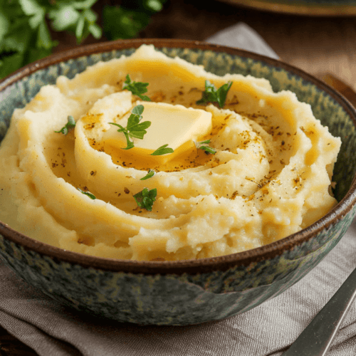 A bowl of creamy garlic parmesan mashed potatoes garnished with fresh parsley