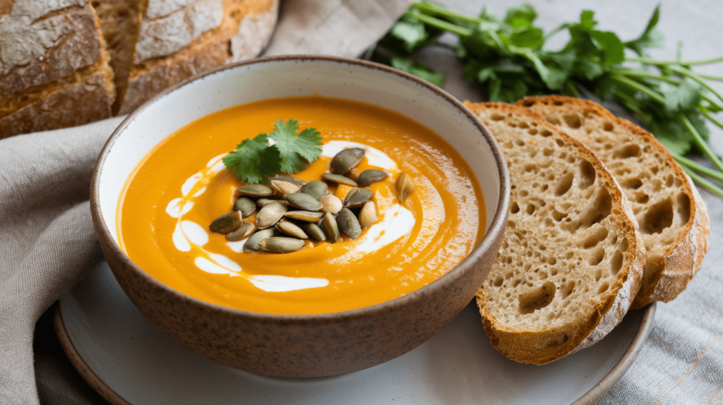 A bowl of garnished butternut squash soup topped with pumpkin seeds, a swirl of yogurt, and fresh cilantro, served with a slice of bread.