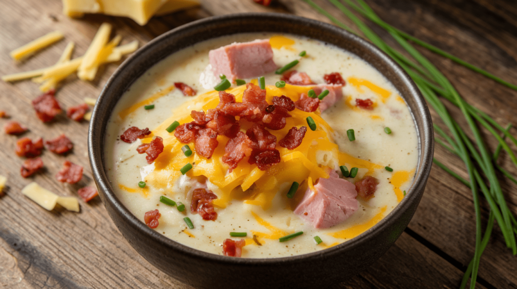 A bowl of cheesy ham and potato soup garnished with shredded cheese, crispy bacon bits, and fresh chives.