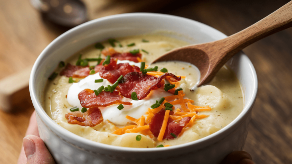 A close-up of potato soup garnished with sour cream, crispy bacon, shredded cheese, and green onions.