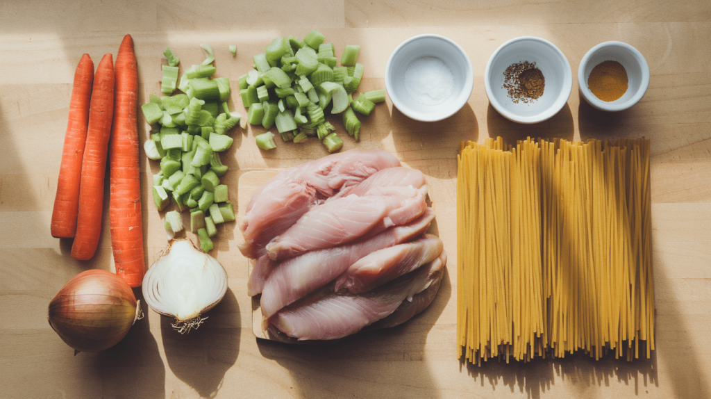 Fresh ingredients for gluten-free chicken noodle soup, including carrots, celery, onion, chicken, gluten-free noodles, and spices.