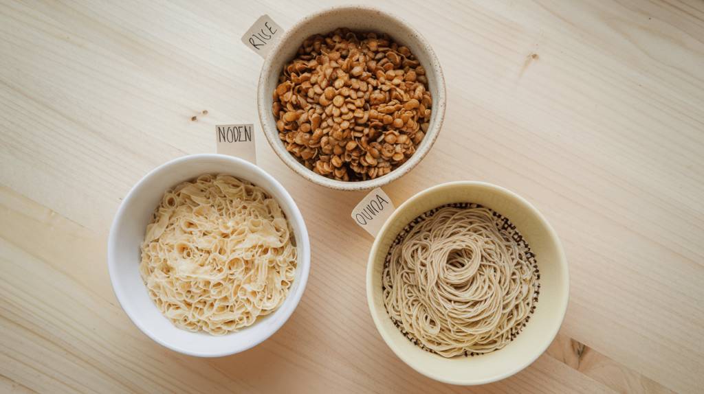 A variety of gluten-free noodles, including rice noodles, lentil-based pasta, and quinoa noodles, displayed on a table.