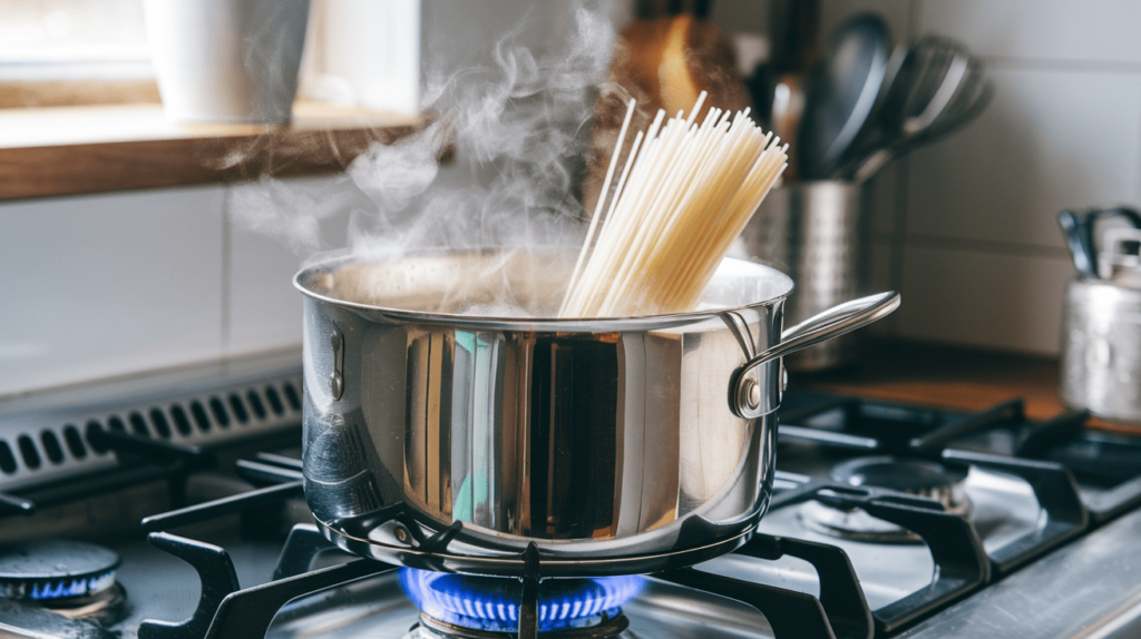 Gluten-free noodles boiling in a pot of water with steam rising.