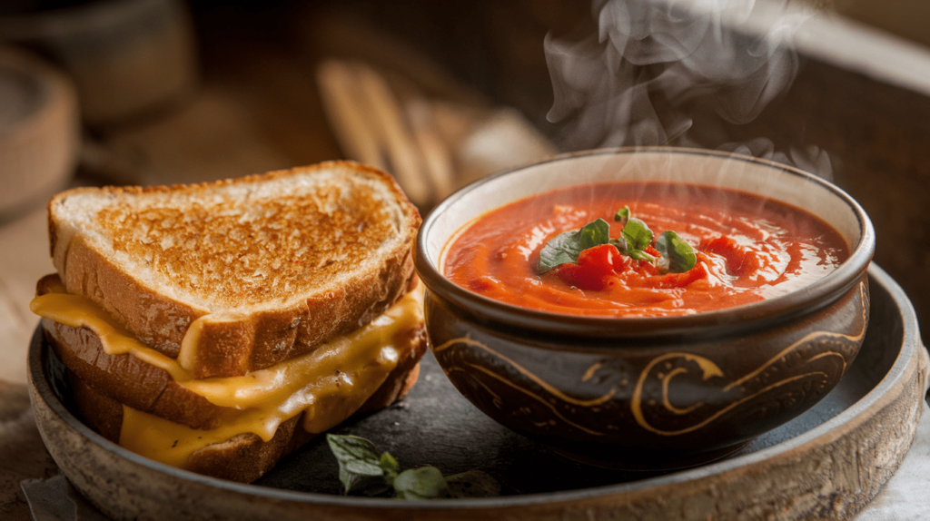 A grilled cheese sandwich served alongside a bowl of tomato and red pepper soup.