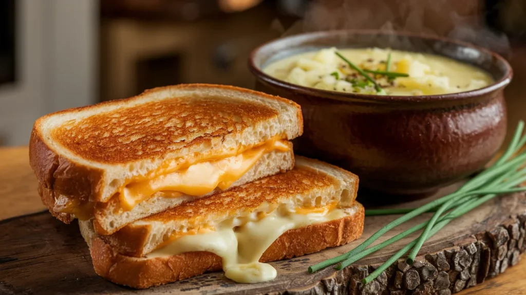 A golden-brown grilled cheese sandwich with melted cheese served next to a steaming bowl of potato soup.