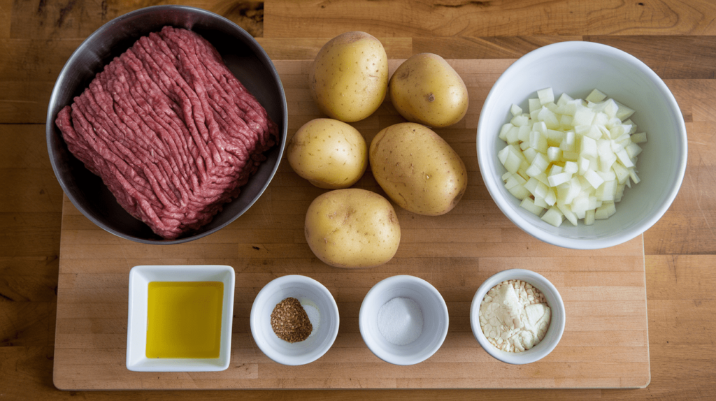 Raw ground beef, potatoes, onion, garlic, oil, salt, and pepper arranged on a rustic wooden countertop.