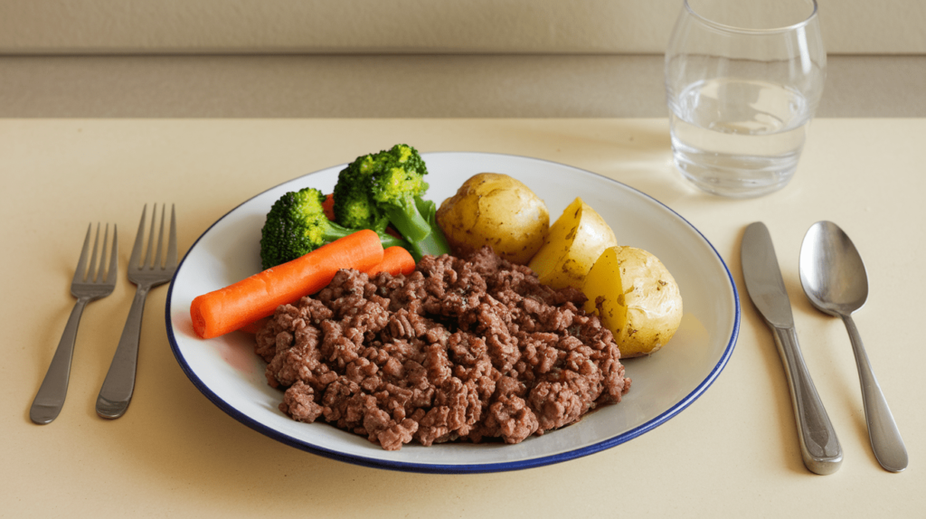 A balanced meal of ground beef, potatoes, and steamed vegetables on a plate.