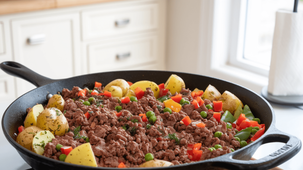 A skillet meal with ground beef, potatoes, and colorful vegetables like bell peppers and peas.