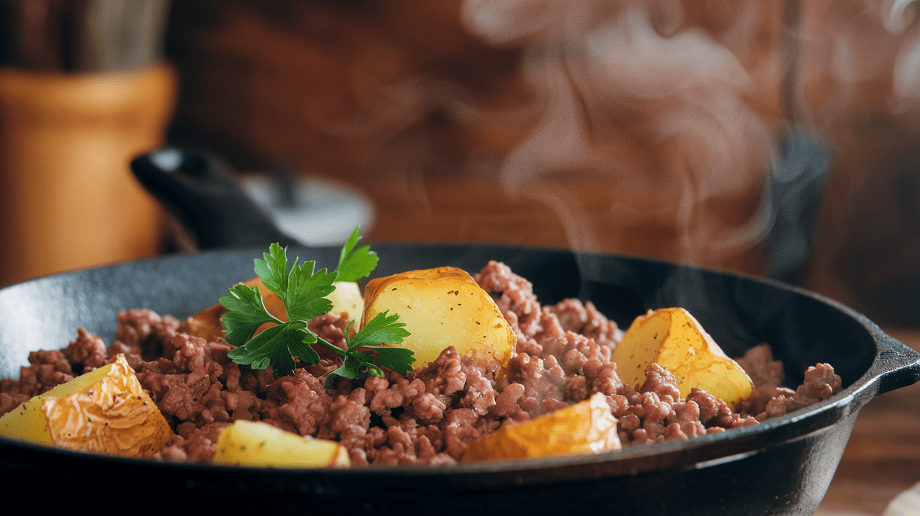 A delicious skillet filled with ground beef and golden-brown potato cubes garnished with fresh parsley.