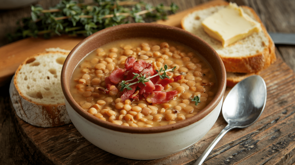 A rustic, traditional bowl of lentil and bacon soup inspired by the Hairy Bikers’ recipe.