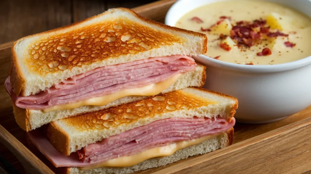 A toasted ham and cheese sandwich with layers of melted cheese, served next to potato soup with bacon bits.