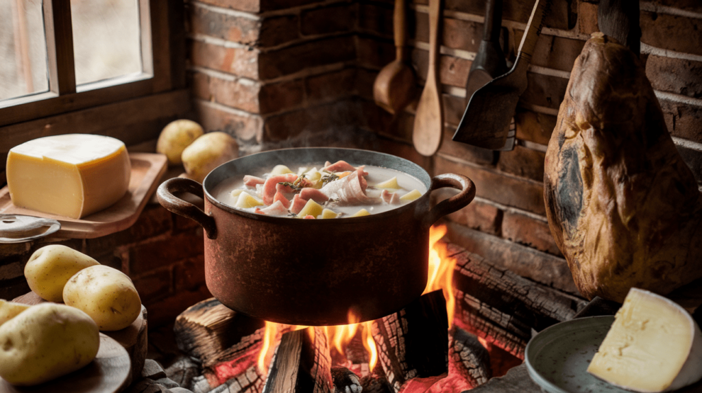 A historical kitchen scene with a rustic pot of ham and potato soup simmering over an open fire.