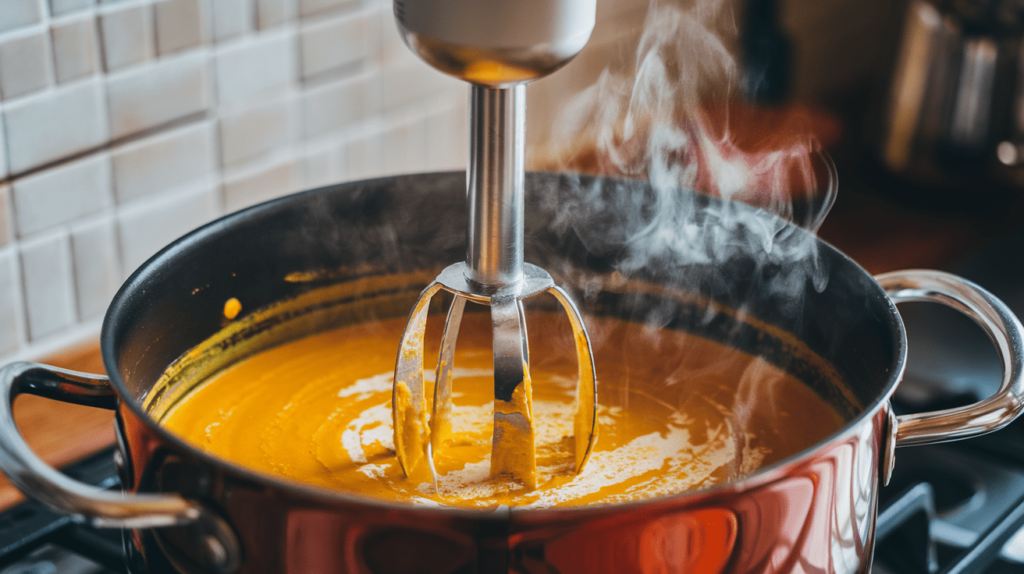 An immersion blender blending butternut squash soup in a pot, creating a smooth and creamy texture.