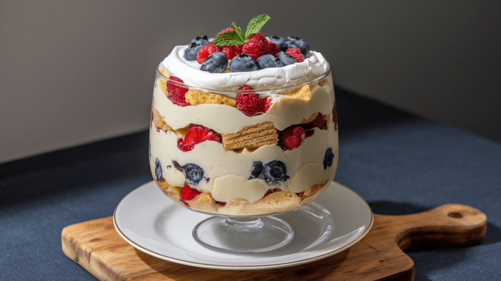 A layered trifle dessert in a glass bowl with sponge cake, custard, whipped cream, and fresh berries, topped with a sprig of mint.