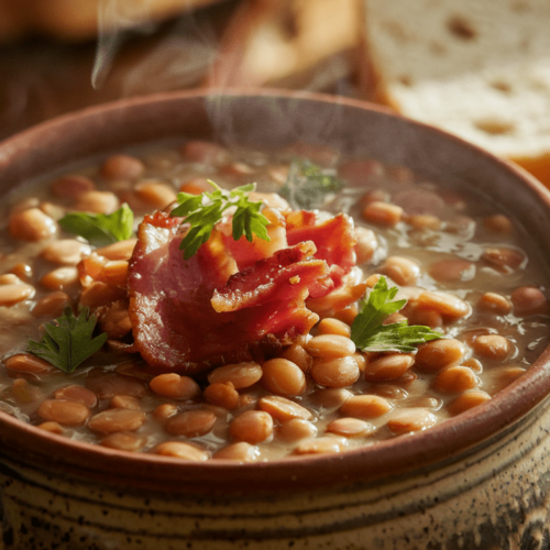 A steaming bowl of lentil and bacon soup garnished with fresh herbs and crispy bacon pieces.