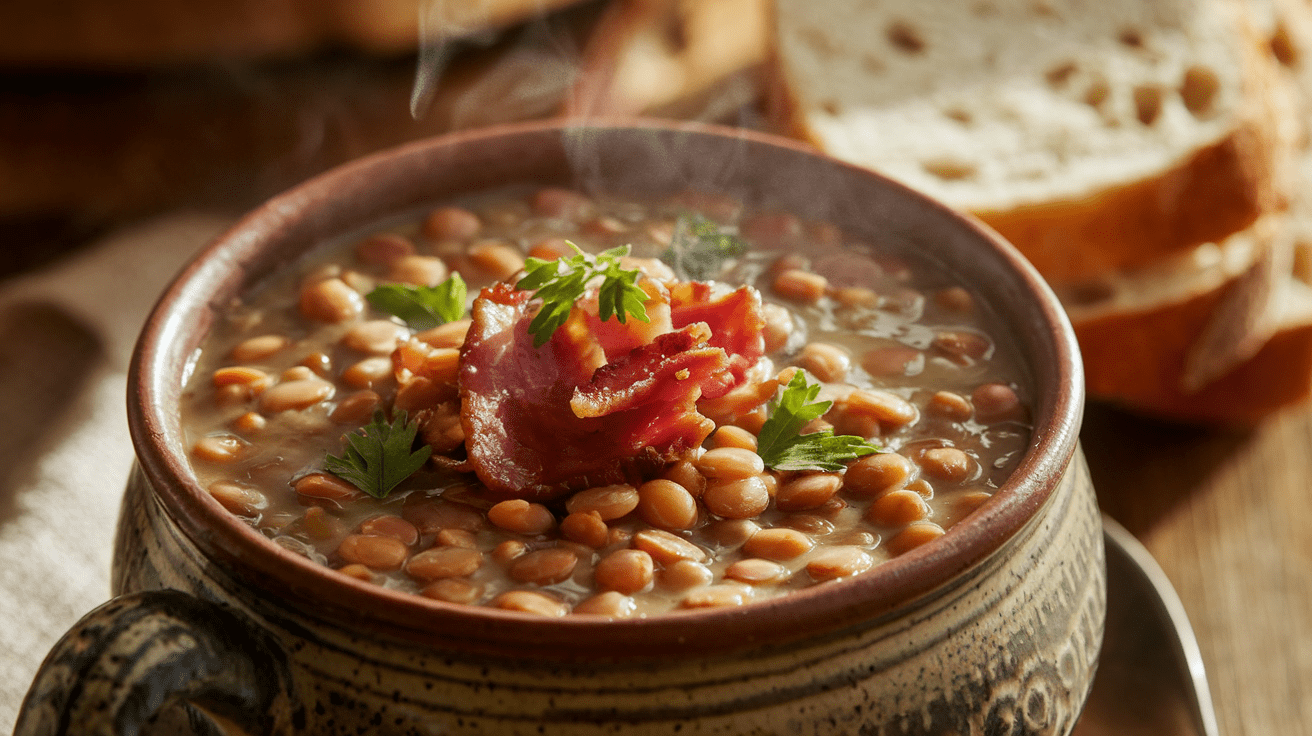 A steaming bowl of lentil and bacon soup garnished with fresh herbs and crispy bacon pieces.