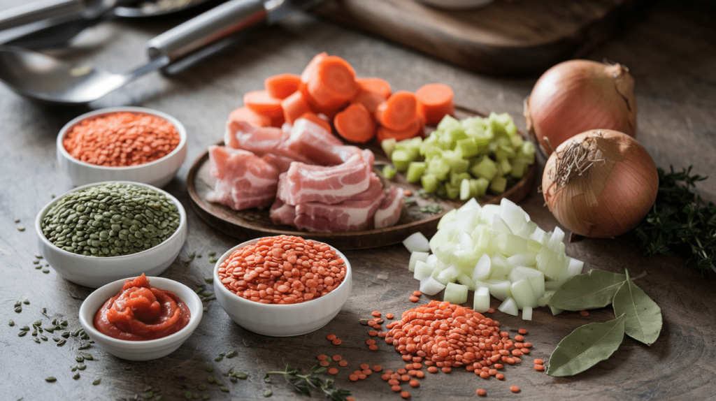 A flat lay of lentils, smoked bacon, vegetables, and spices arranged on a kitchen countertop.