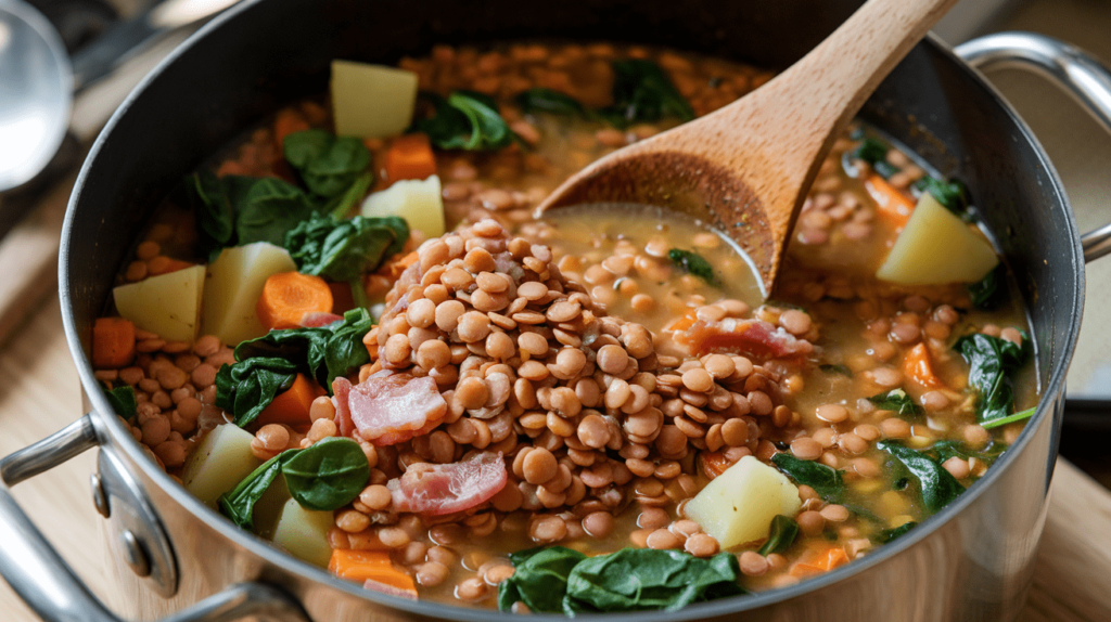 A pot of lentil soup with added spinach, carrots, and diced potatoes for extra nutrition.