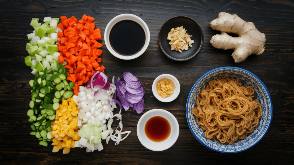 An assortment of ingredients for Manchow Soup, including chopped vegetables, soy sauce, vinegar, and crispy noodles.