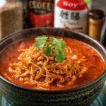 A vibrant bowl of Manchow Soup with crispy fried noodles, garnished with fresh coriander, representing its Indo-Chinese origins.