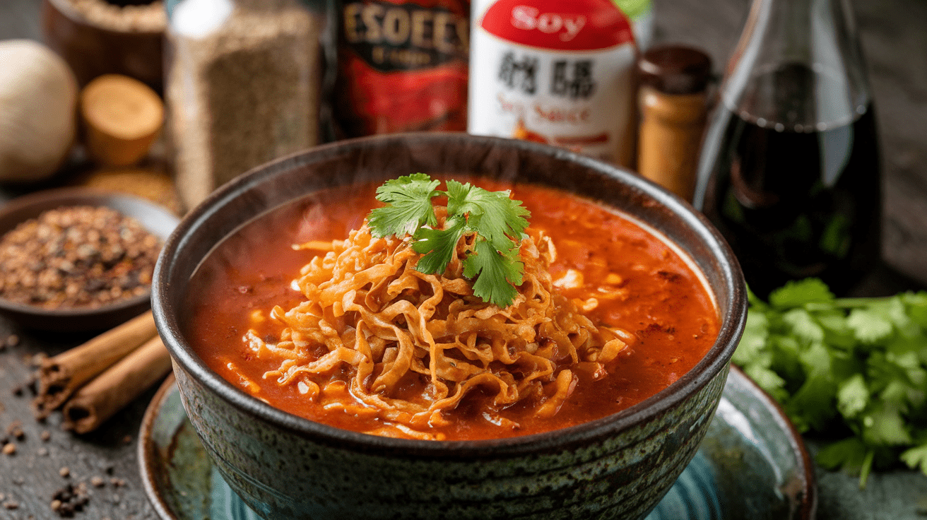 A vibrant bowl of Manchow Soup with crispy fried noodles, garnished with fresh coriander, representing its Indo-Chinese origins.