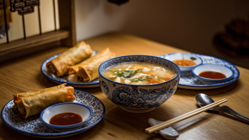 Manchow Soup served with spring rolls and fried wontons on the side.