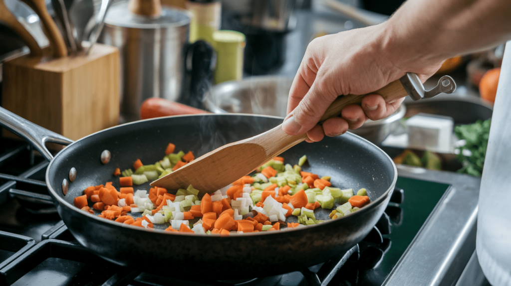 A chef sautéing vegetables in a pan for the base of Manchow Soup.