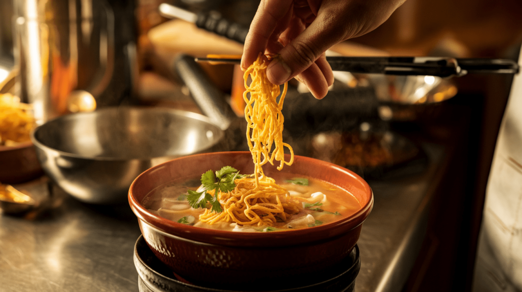 A cook adding crispy noodles to a bowl of Manchow Soup as a final garnish.